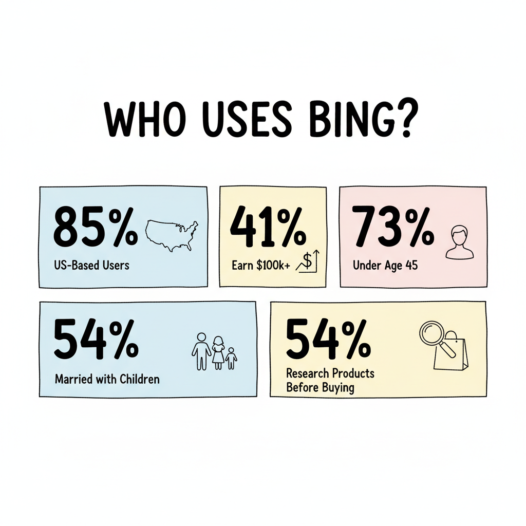 Bing audience demographics infographic: 85% US-based, 41% earn $100k+, 73% under 45, 54% married with children, 54% use for product research