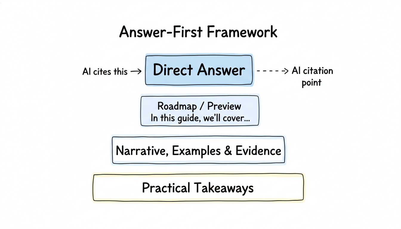 Answer-first content framework showing 4 layers AI systems extract from
