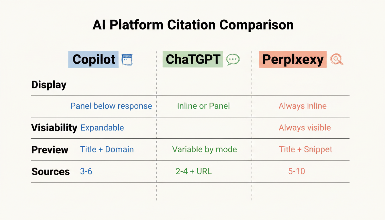 AI platform citation comparison: Copilot vs ChatGPT vs Perplexity across display, visibility, source preview, and source count
