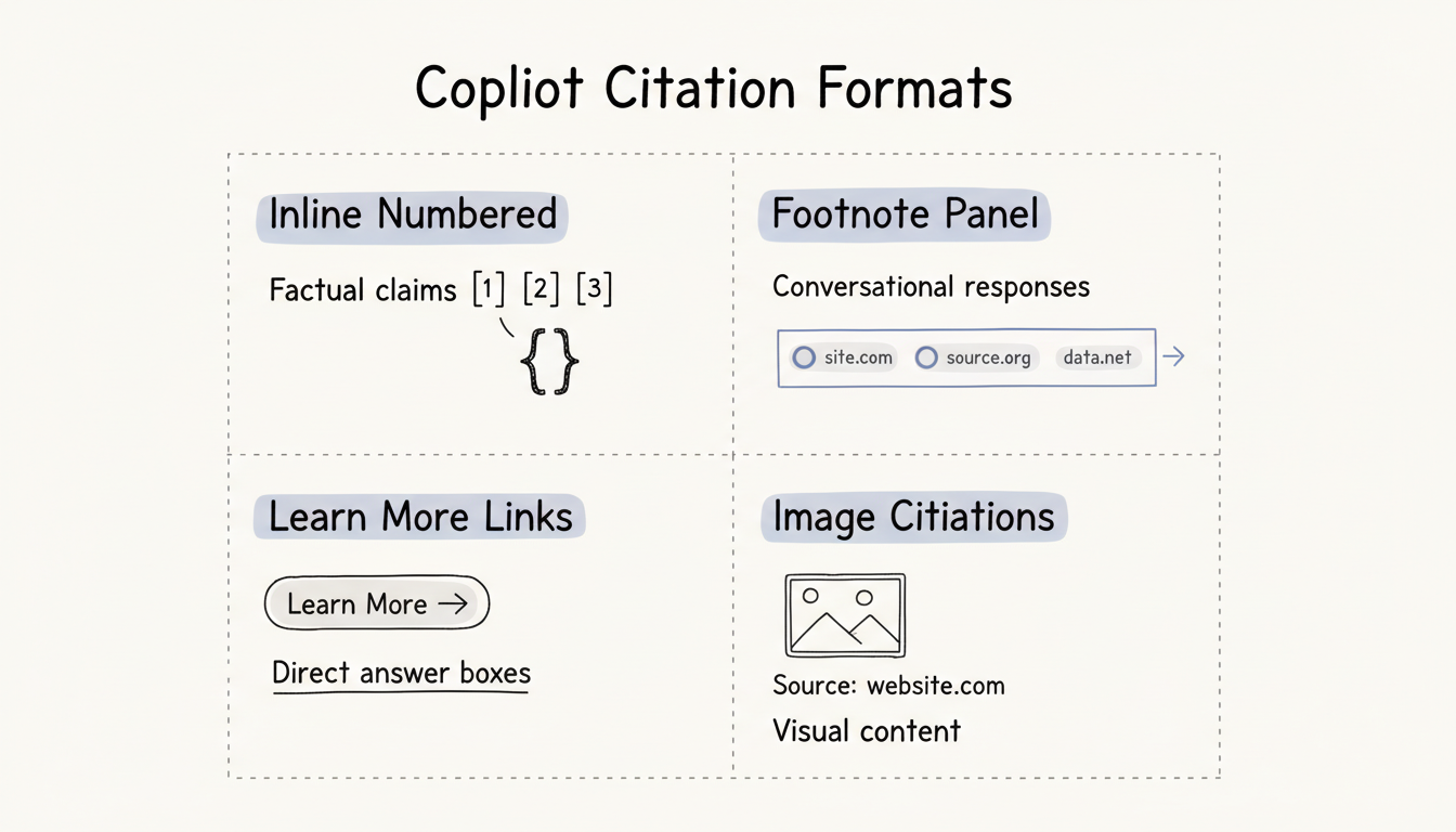 Copilot citation formats: inline numbered, footnote panel, learn more links, and image citations