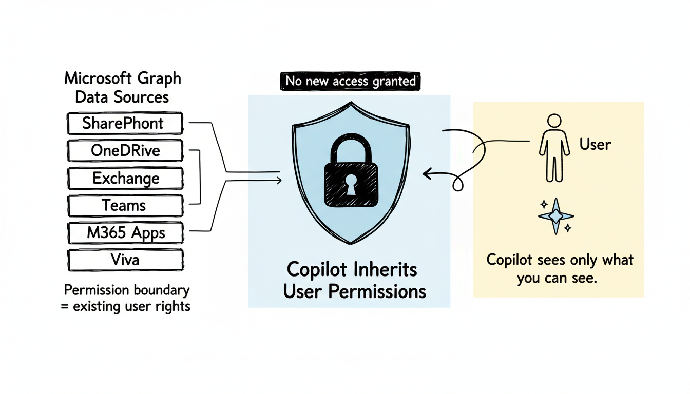 Copilot permission inheritance model showing Microsoft Graph data sources flowing through a permission boundary to the user