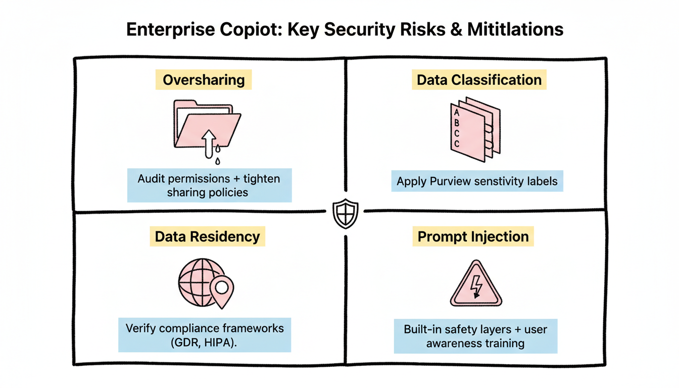 Key enterprise Copilot security risks and mitigations: oversharing, data classification, data residency, and prompt injection in a 2x2 grid