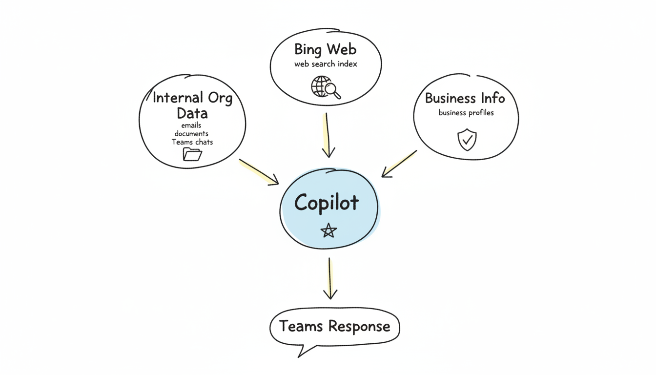 Microsoft Copilot combines internal organizational data, Bing web results, and Microsoft-verified business information to answer Teams user queries