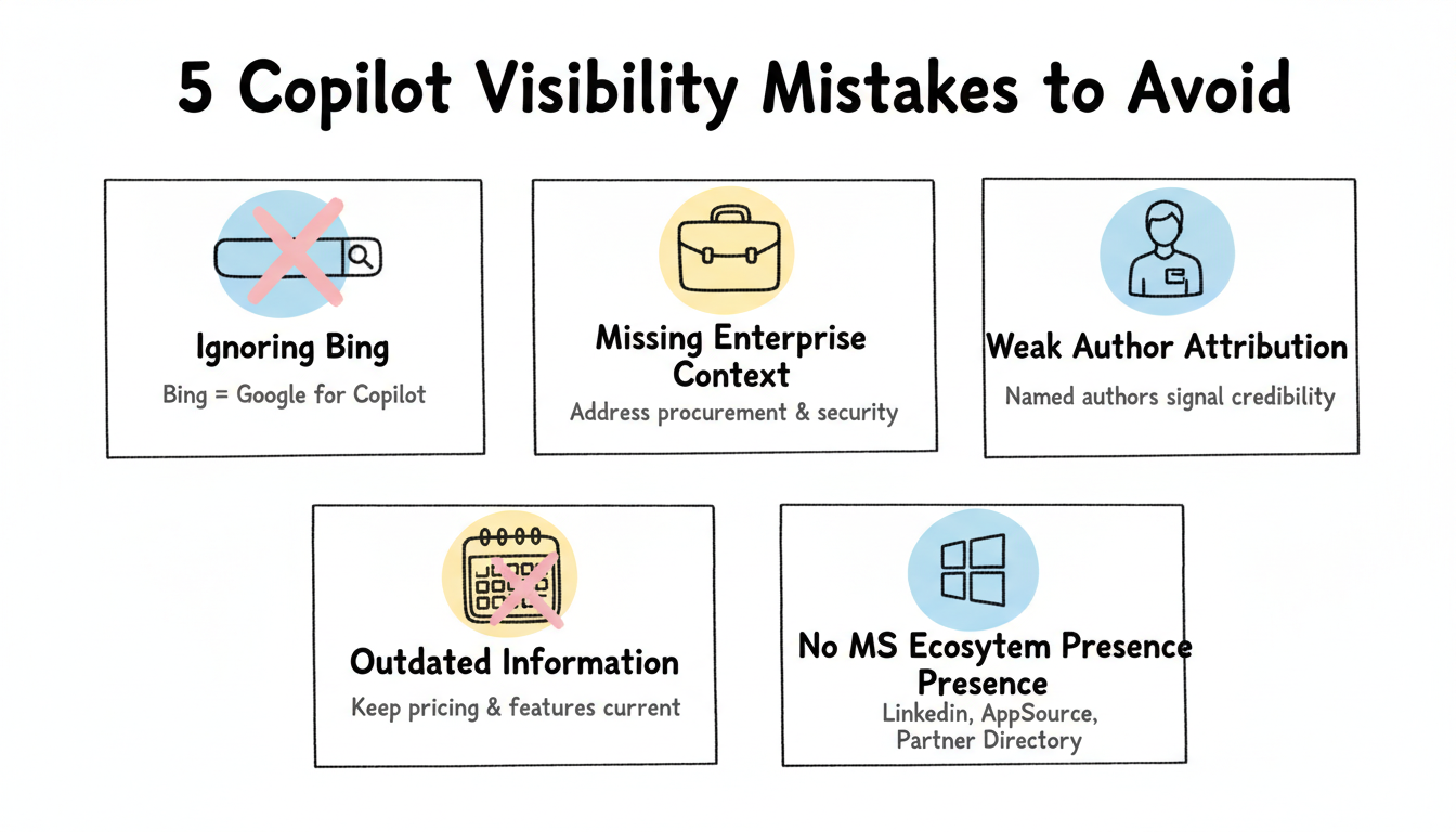 5 common Copilot visibility mistakes: Ignoring Bing, Missing Enterprise Context, Weak Author Attribution, Outdated Information, No Microsoft Ecosystem Presence