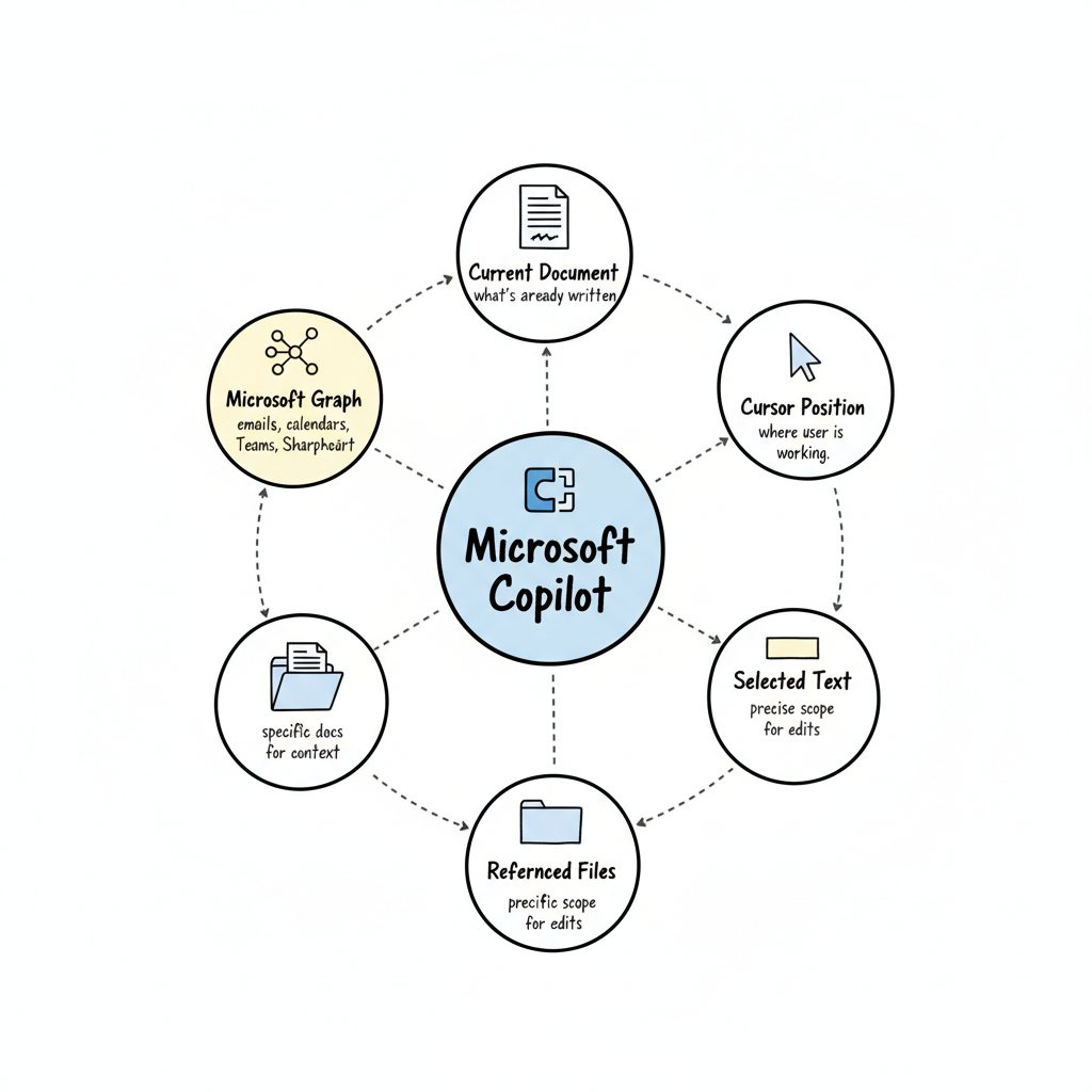 Microsoft Copilot context-aware intelligence: hub-and-spoke diagram showing Copilot connected to Current Document, Cursor Position, Selected Text, Referenced Files, and Microsoft Graph