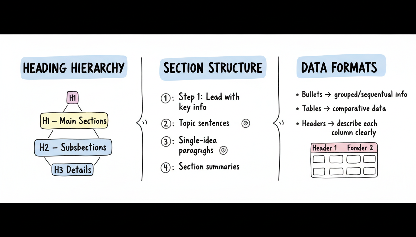 Document structure best practices for Copilot: three-column infographic covering heading hierarchy (H1/H2/H3), section structure, and data formats (bullets and tables)