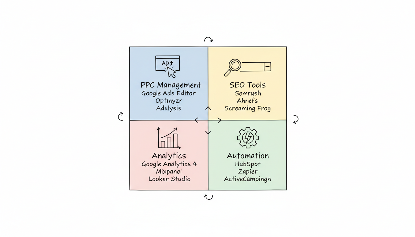 Digital marketing tech stack showing four pillars: PPC Management, SEO Tools, Analytics, and Automation with key tools in each category