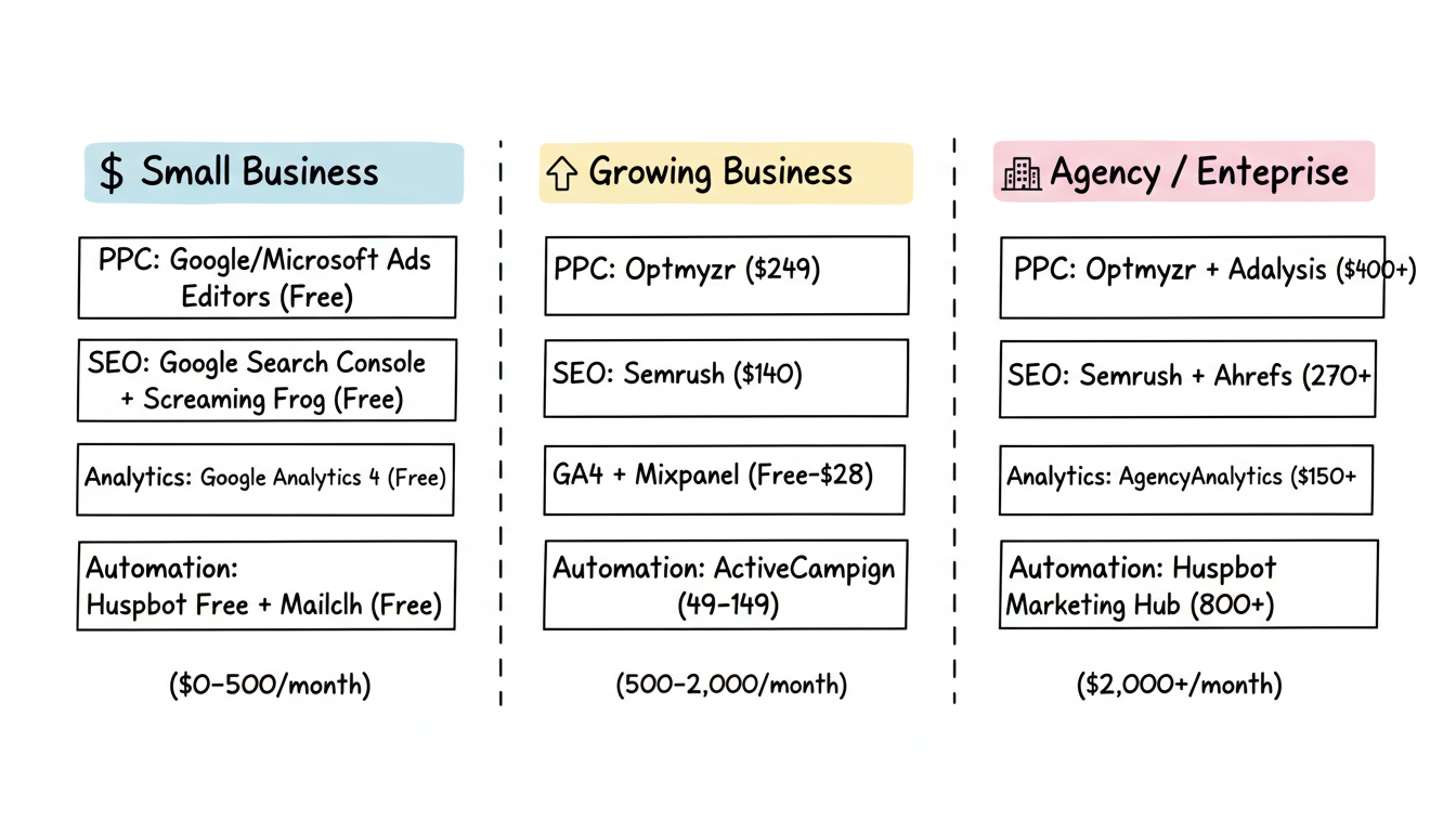 Three-column budget tier comparison for digital marketing tools: Small Business (free tools), Growing Business ($500-2,000/month), and Agency/Enterprise ($2,000+/month)