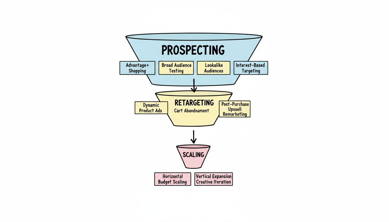 Ecommerce Facebook Ads Campaign Funnel showing three tiers: Prospecting, Retargeting, and Scaling