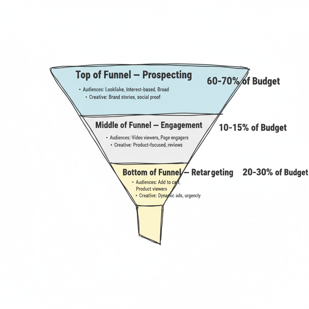 Full-funnel Meta Ads budget structure showing prospecting (60-70%), engagement (10-15%), and retargeting (20-30%) funnel zones
