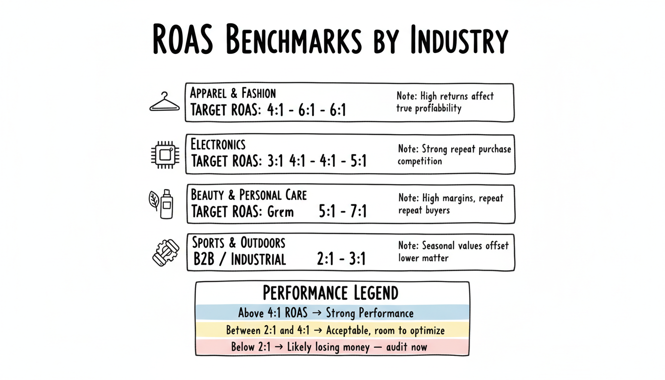ROAS benchmarks by industry showing target ROAS ranges for Apparel, Electronics, Home & Garden, Beauty, Sports, and B2B with performance tier indicators
