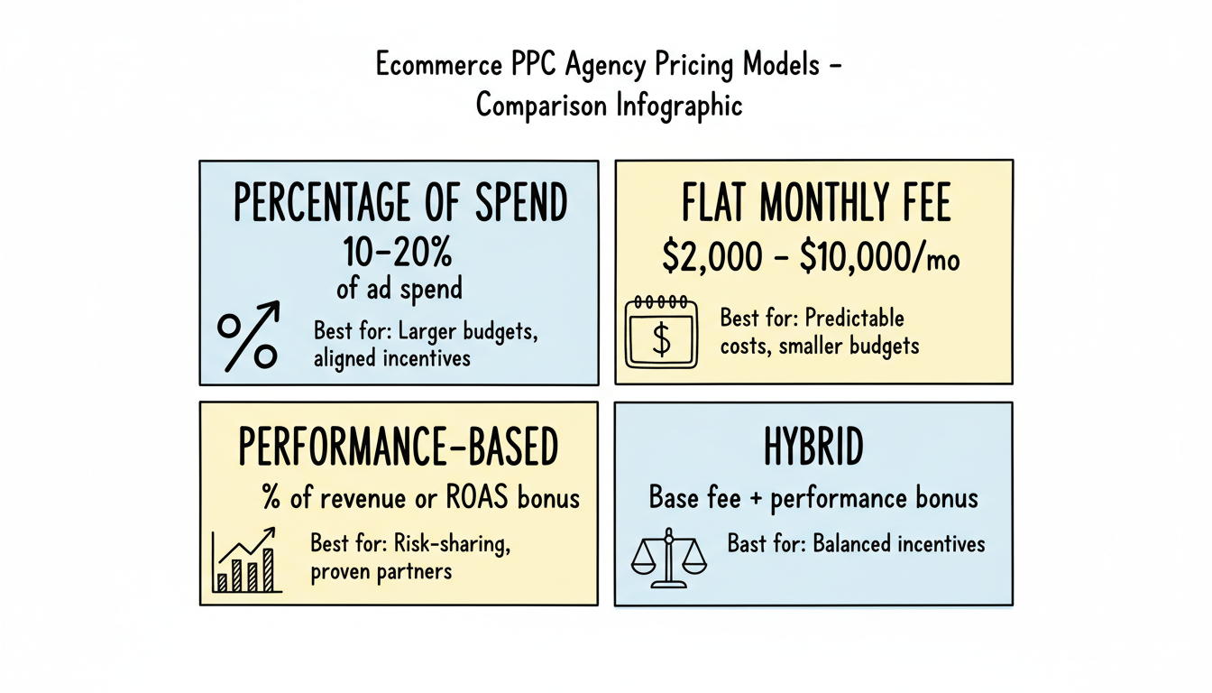 Ecommerce PPC agency pricing models comparison: percentage of spend, flat monthly fee, performance-based, and hybrid with typical ranges and best-fit use cases