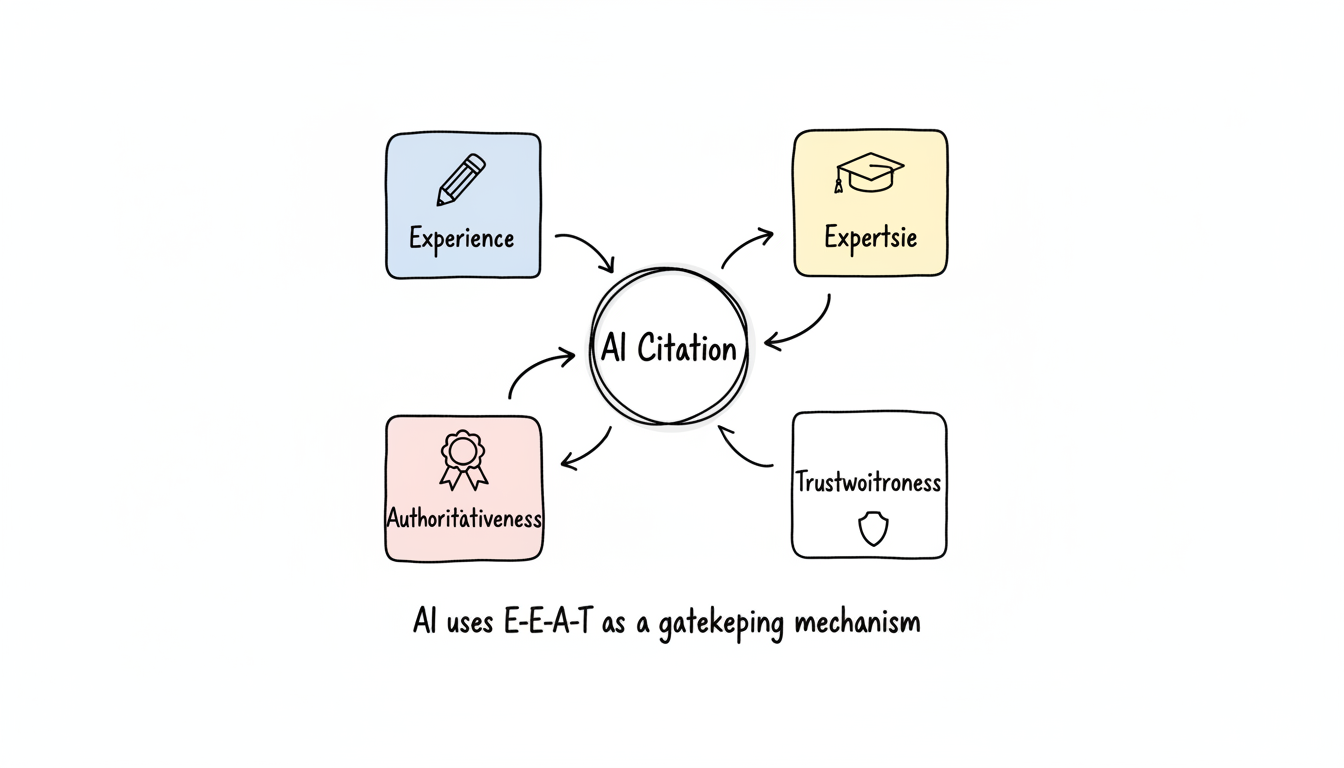 E-E-A-T framework showing four pillars — Experience, Expertise, Authoritativeness, Trustworthiness — converging into AI Citation