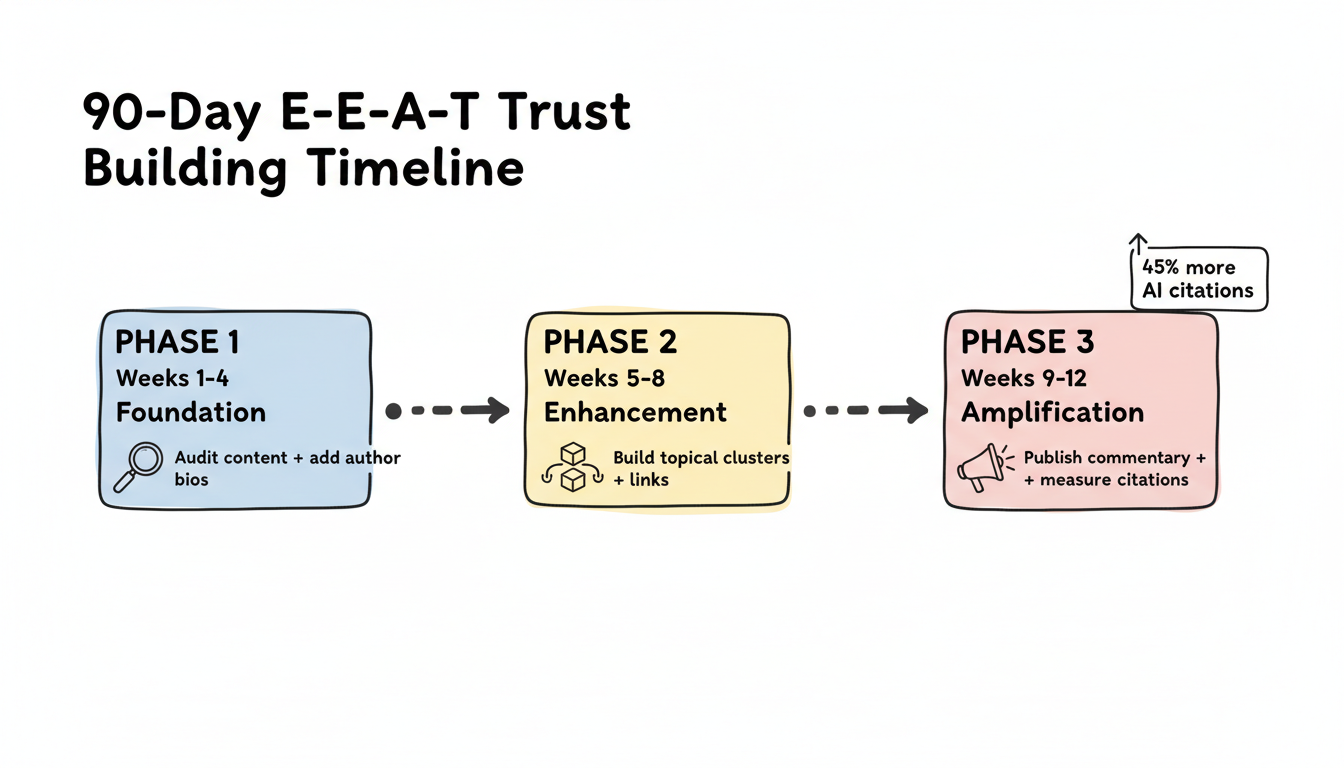 90-day E-E-A-T implementation timeline with three phases: Foundation (Weeks 1-4), Enhancement (Weeks 5-8), and Amplification (Weeks 9-12)