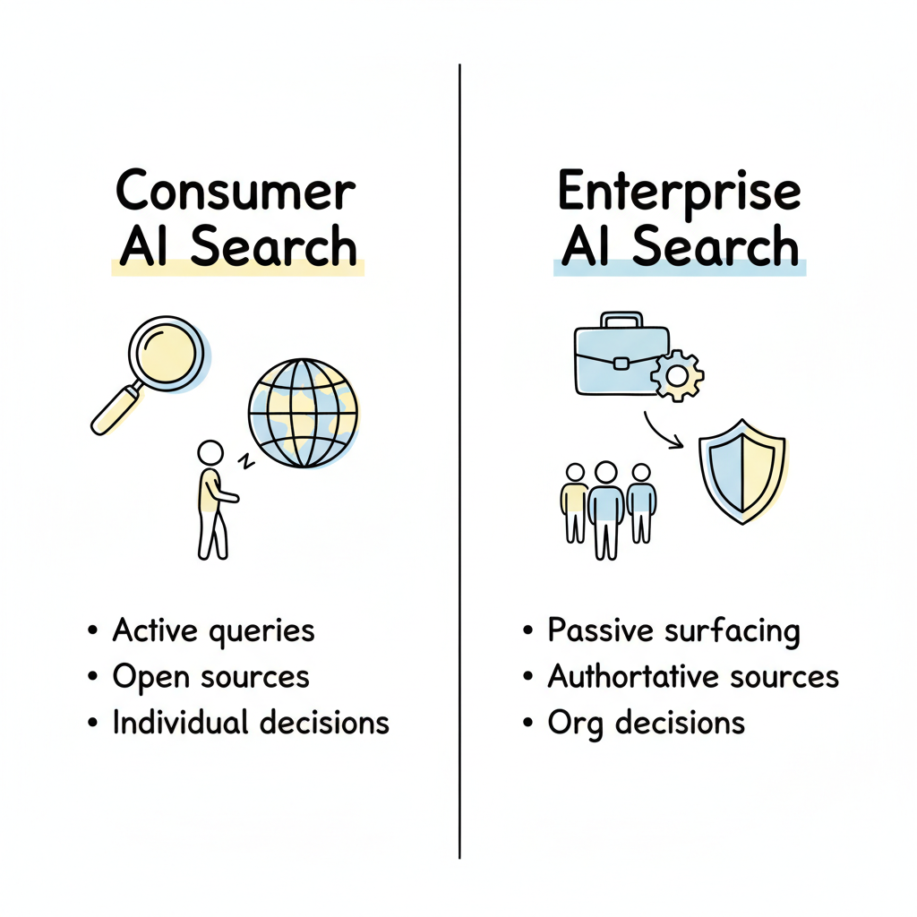 Enterprise AI vs Consumer AI Search comparison showing passive contextual surfacing versus active querying, authoritative business sources versus open internet, and organizational decisions versus individual choices