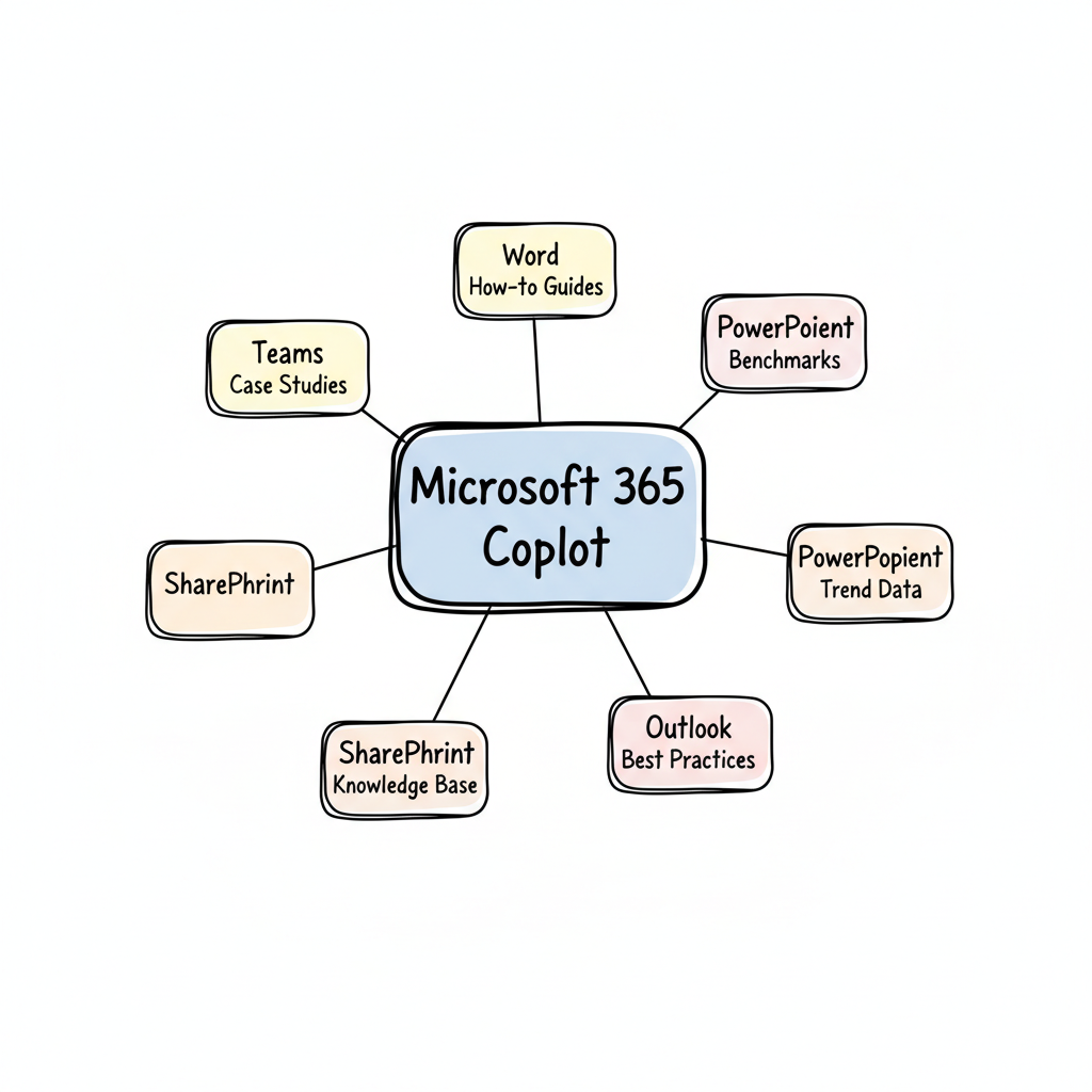 Microsoft 365 Copilot ecosystem hub-and-spoke diagram showing Copilot at center connected to Word (How-to Guides), Excel (Benchmarks), PowerPoint (Trend Data), Outlook (Best Practices), Teams (Case Studies), and SharePoint (Knowledge Base)