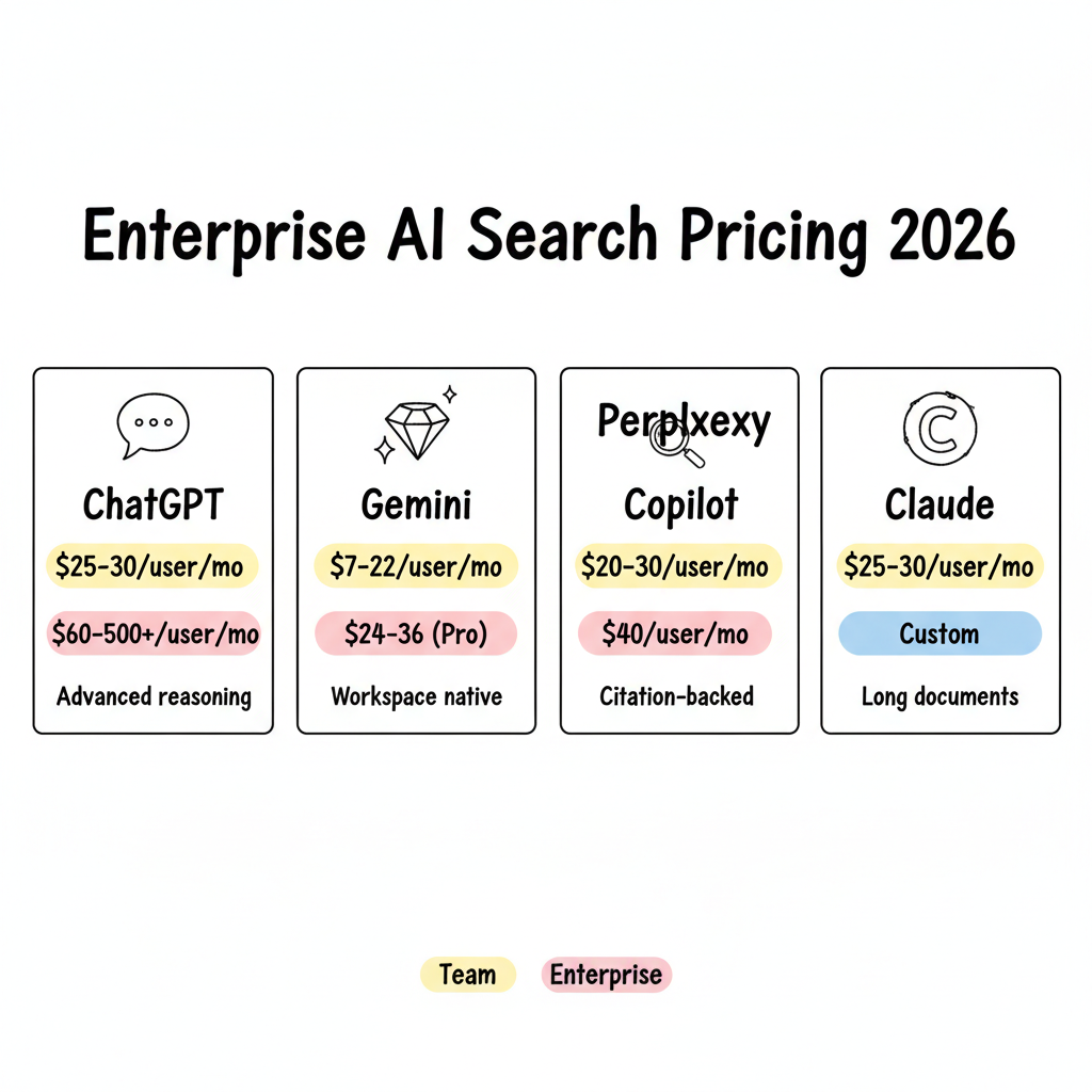 Enterprise AI Search Platform Pricing Comparison 2026 - side-by-side card view of ChatGPT, Gemini, Perplexity, Copilot, and Claude pricing tiers