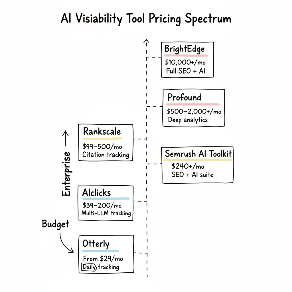 AI Visibility Tool Pricing Spectrum - vertical cost ladder from Otterly at $29/mo up to BrightEdge at $10,000+/mo