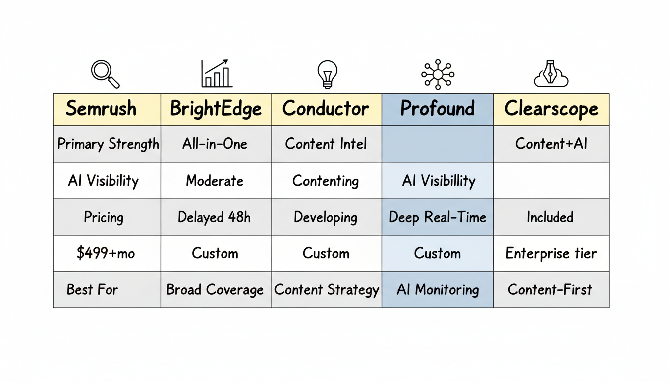 Comparison of 5 leading enterprise AI SEO platforms across primary strength, AI visibility depth, pricing, and best-fit use case