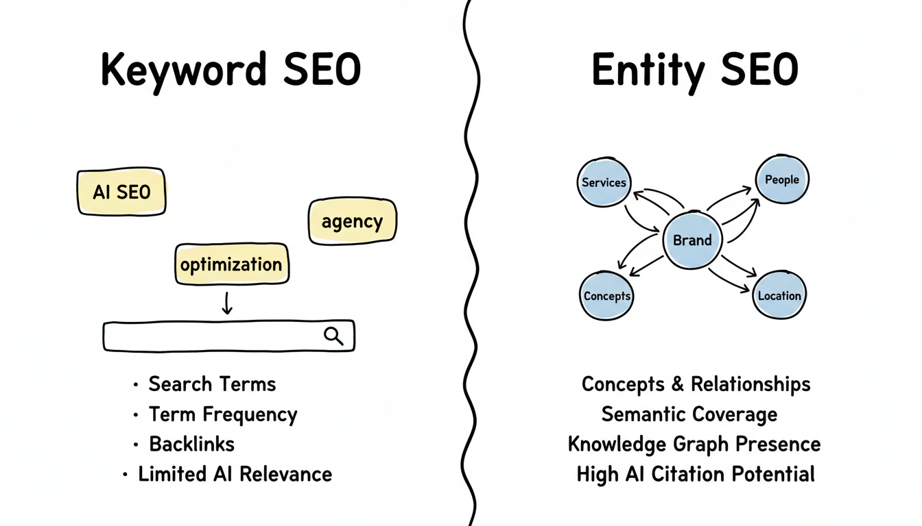 Keyword SEO vs. Entity SEO comparison: isolated keyword boxes on the left versus an interconnected entity node graph on the right