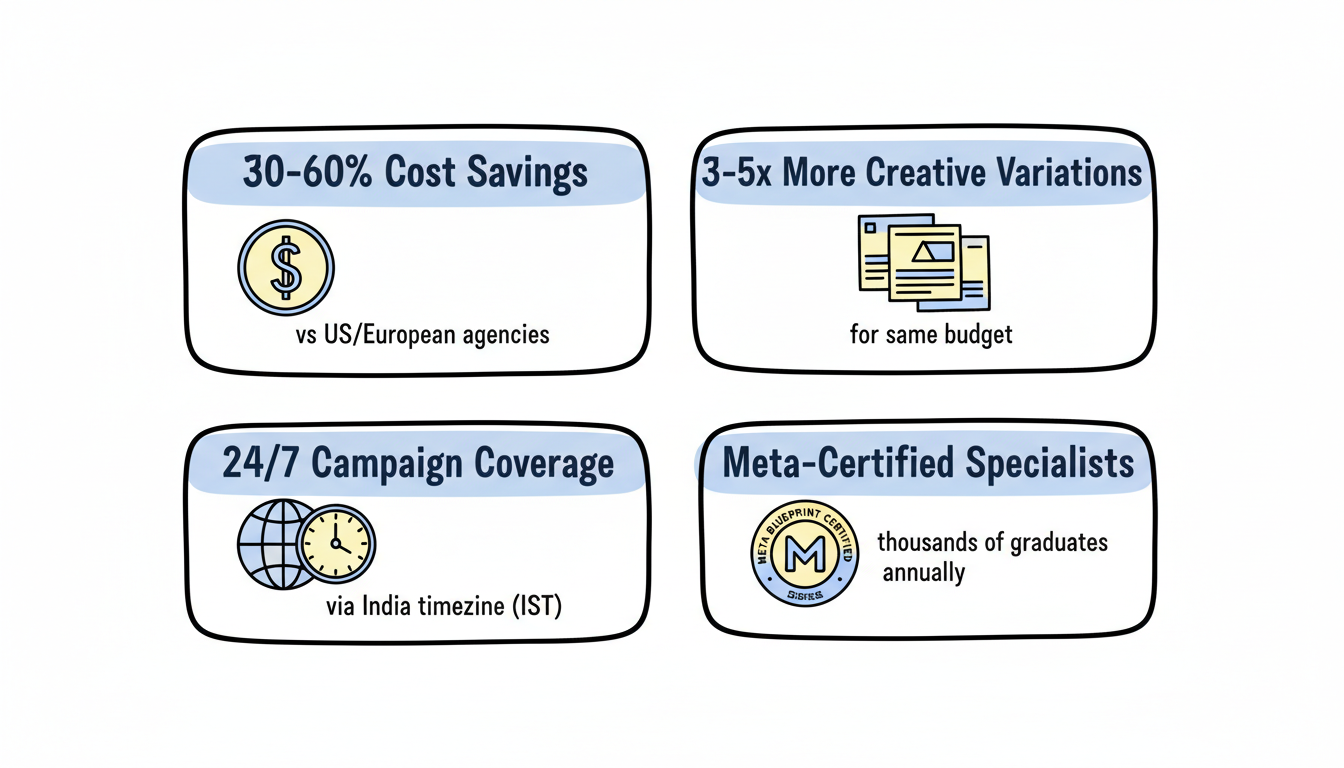 Key advantages of Indian Facebook Ads agencies: 30-60% cost savings, 3-5x creative volume, 24/7 coverage, and Meta-certified specialists