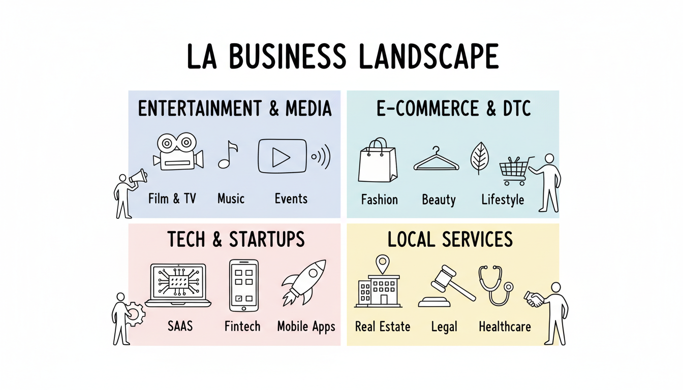 LA Business Landscape - four industry verticals: Entertainment & Media, E-commerce & DTC, Tech & Startups, and Local Services