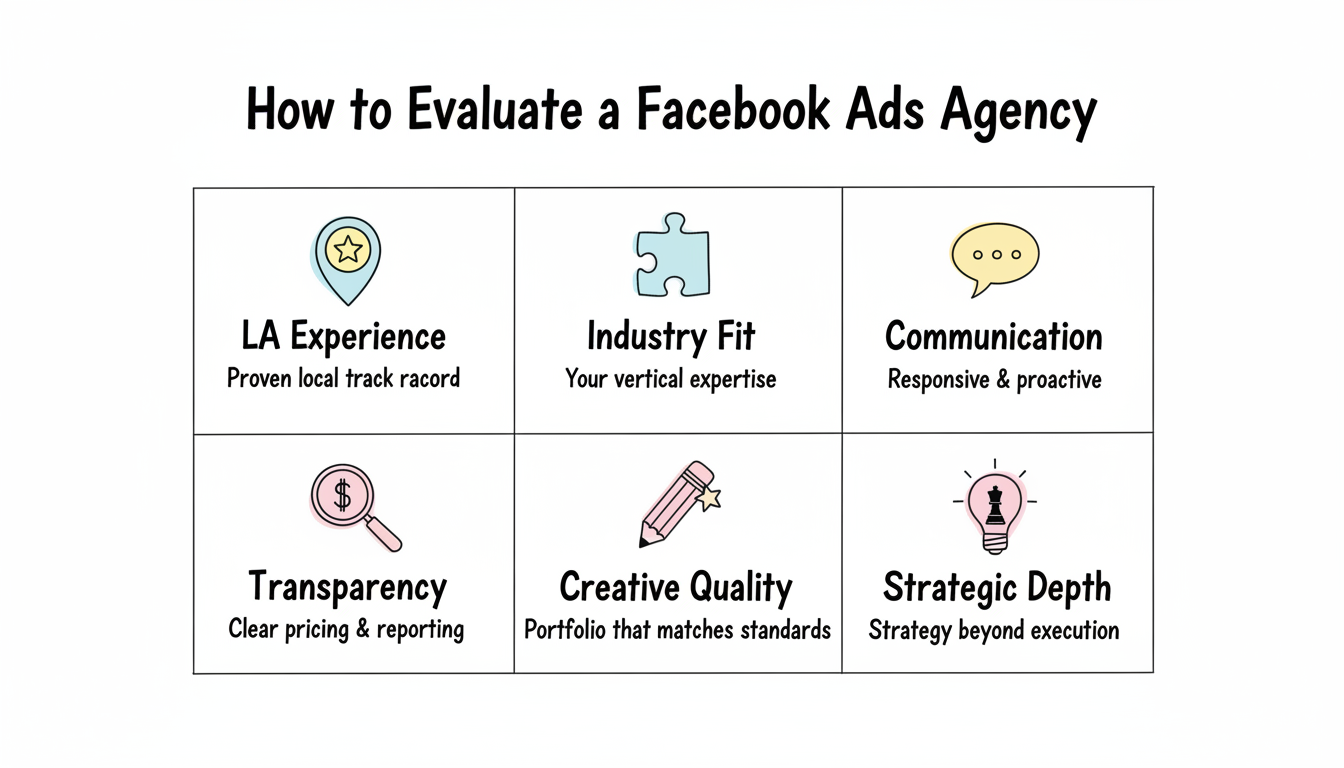 Agency evaluation criteria framework: LA Experience, Industry Fit, Communication, Transparency, Creative Quality, Strategic Depth