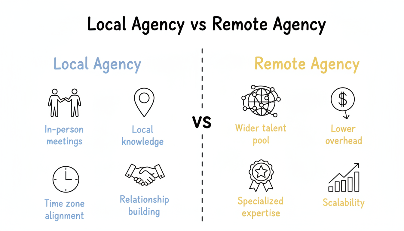 Local Agency vs Remote Agency comparison showing key trade-offs between in-person collaboration and wider remote talent pool