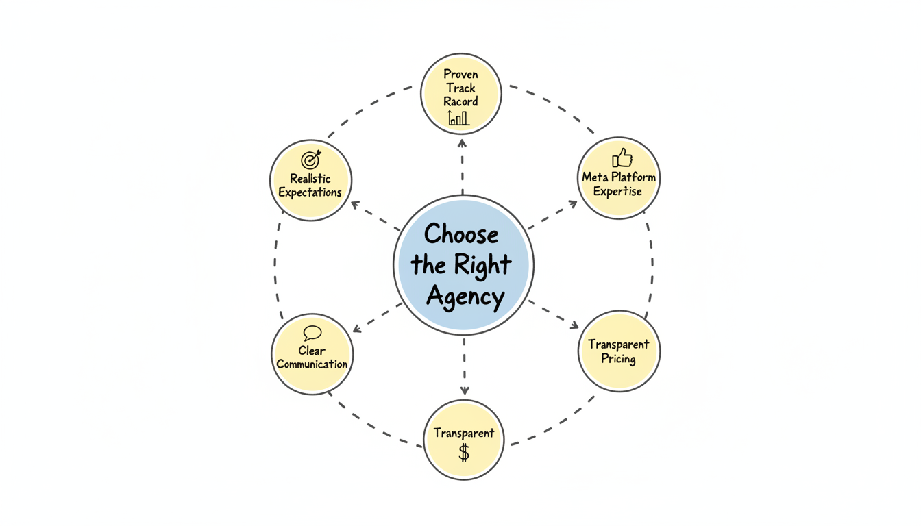Five key criteria for evaluating a Facebook ads agency: proven track record, Meta platform expertise, transparent pricing, clear communication, and realistic expectations