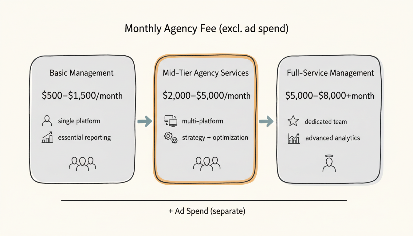 Facebook Ads Agency Pricing Tiers — monthly management fees across Basic, Mid-Tier, and Full-Service levels, excluding ad spend