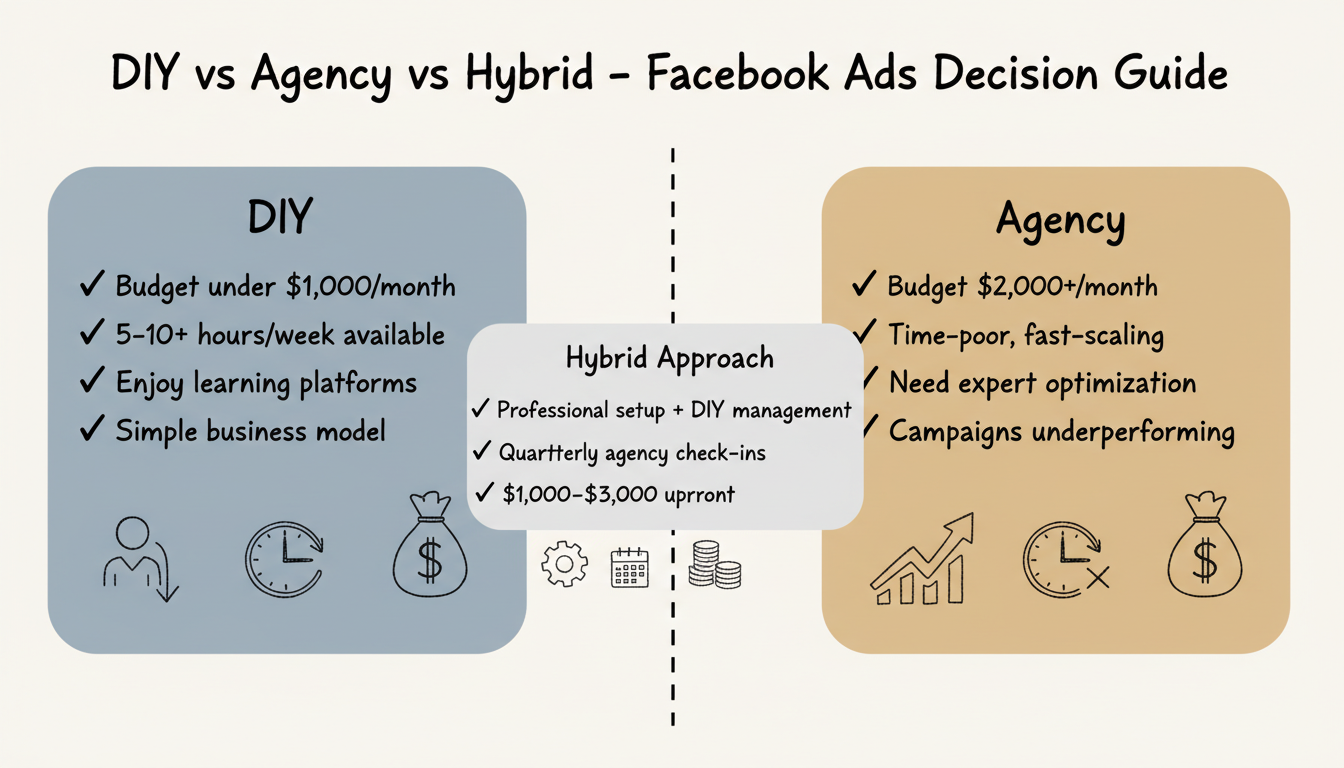 DIY vs Agency vs Hybrid — decision guide comparing self-management, full-service agency, and hybrid approaches based on budget and time