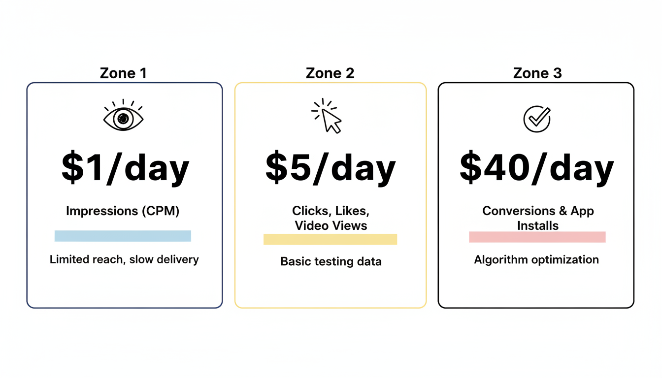 Facebook Ads daily budget minimums: $1/day for impressions, $5/day for clicks, $40/day for conversions