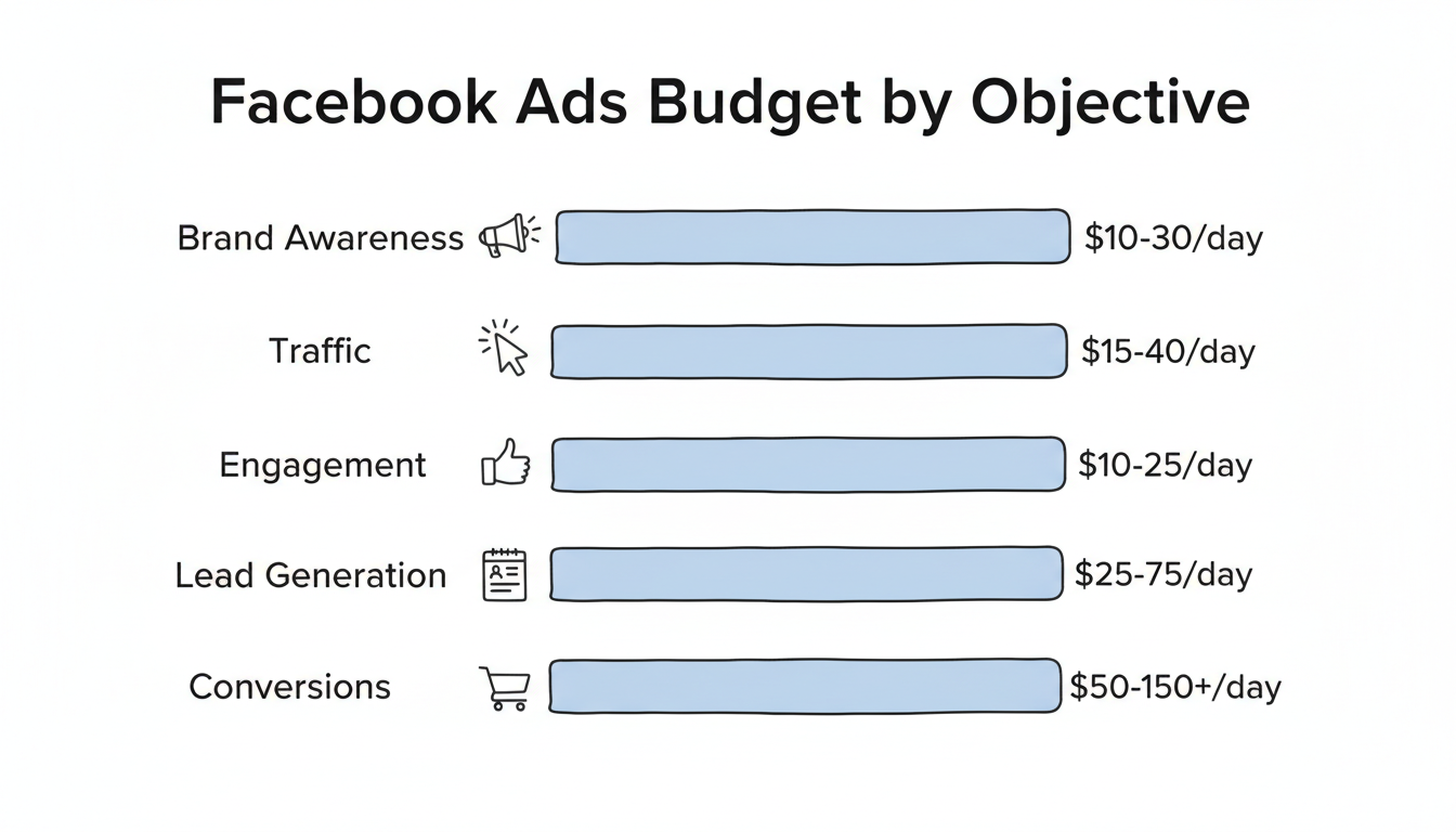 Recommended Facebook Ads daily budgets by campaign objective from Brand Awareness to Conversions