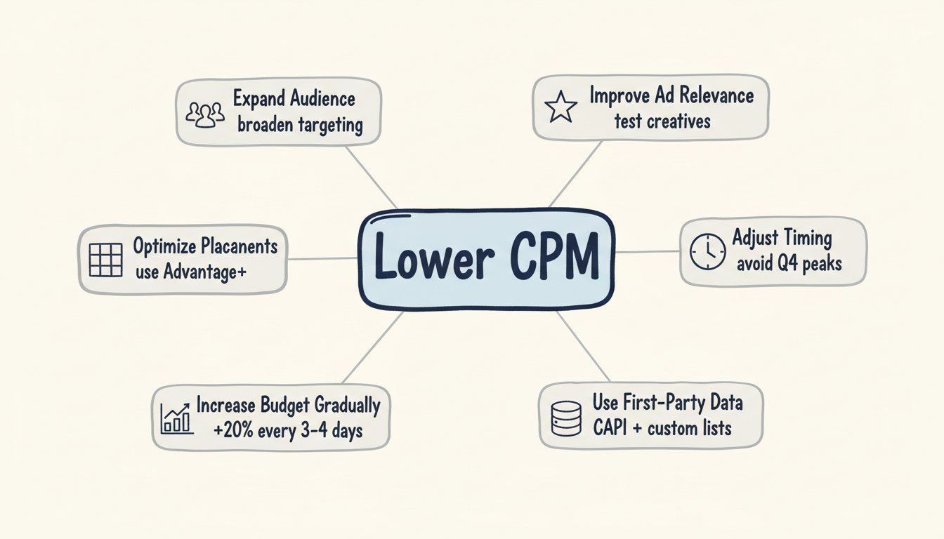 6 strategies to lower Facebook CPM: expand audience, improve ad relevance, optimize placements, adjust timing, increase budget gradually, and use first-party data
