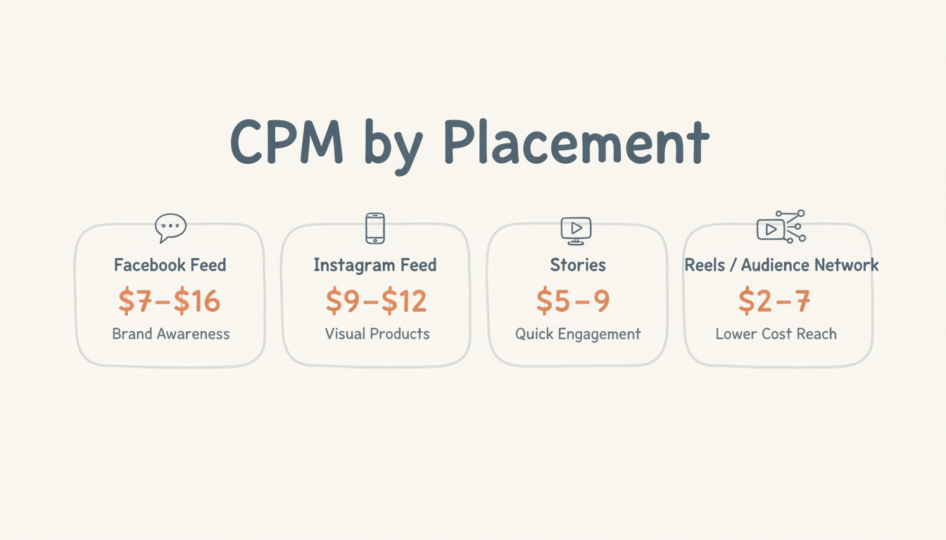 Facebook Ads CPM benchmarks by placement showing cost ranges for Feed, Instagram, Stories, Reels, and Audience Network