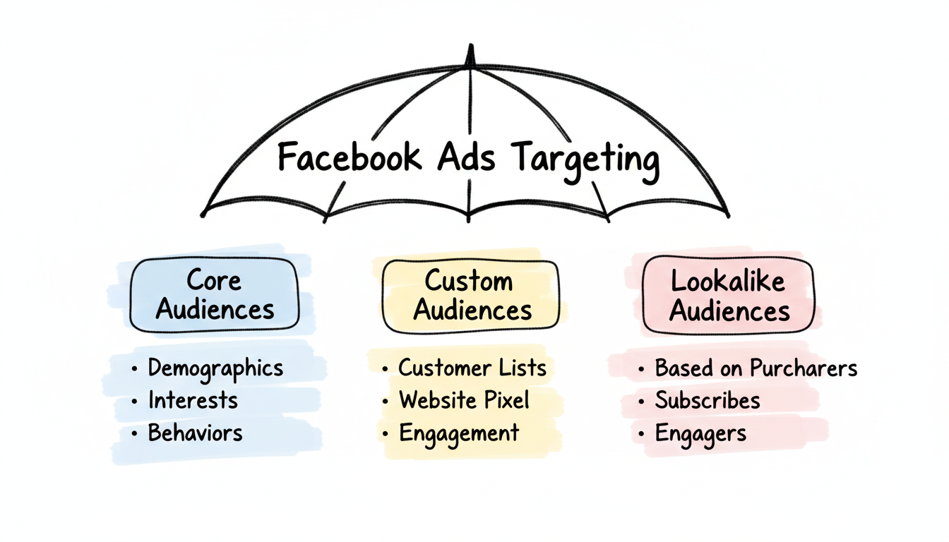 Overview of the three Facebook Ads targeting types: Core Audiences, Custom Audiences, and Lookalike Audiences