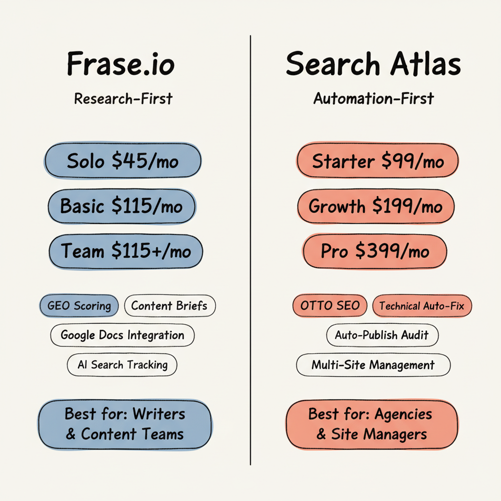 Frase.io vs Search Atlas: pricing tiers and value comparison