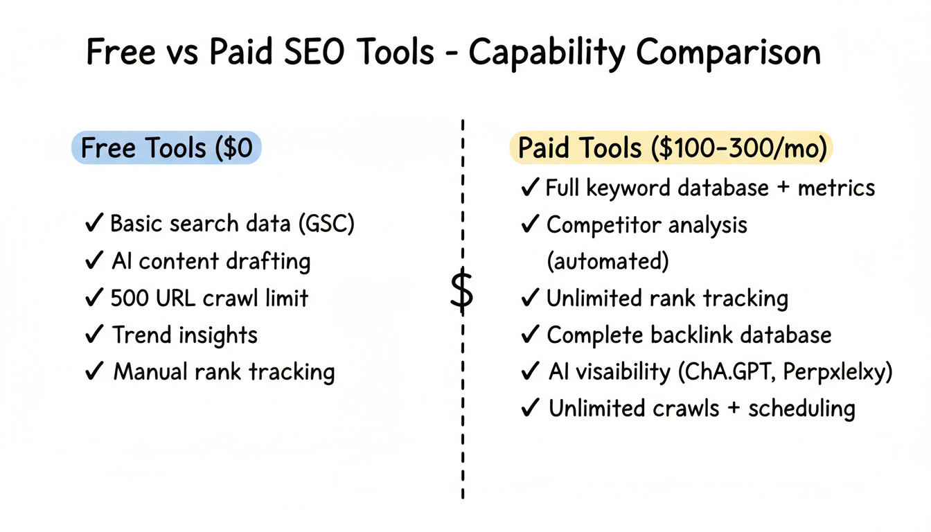 Comparison of free vs paid SEO tools: free tools provide basic data and drafting while paid tools add competitor analysis, unlimited tracking, backlinks, and AI visibility monitoring