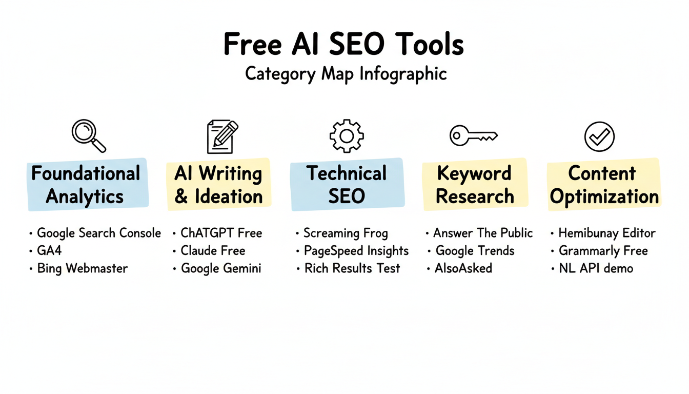 Free AI SEO tools organized by category: Foundational Analytics, AI Writing & Ideation, Technical SEO, Keyword Research, and Content Optimization