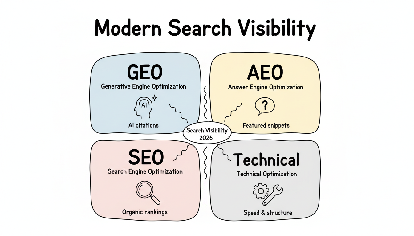The four pillars of modern search visibility: GEO, AEO, SEO, and Technical Optimization
