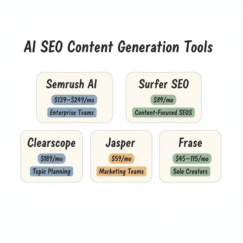 Comparison of top AI SEO content generation tools by pricing and best-fit use case
