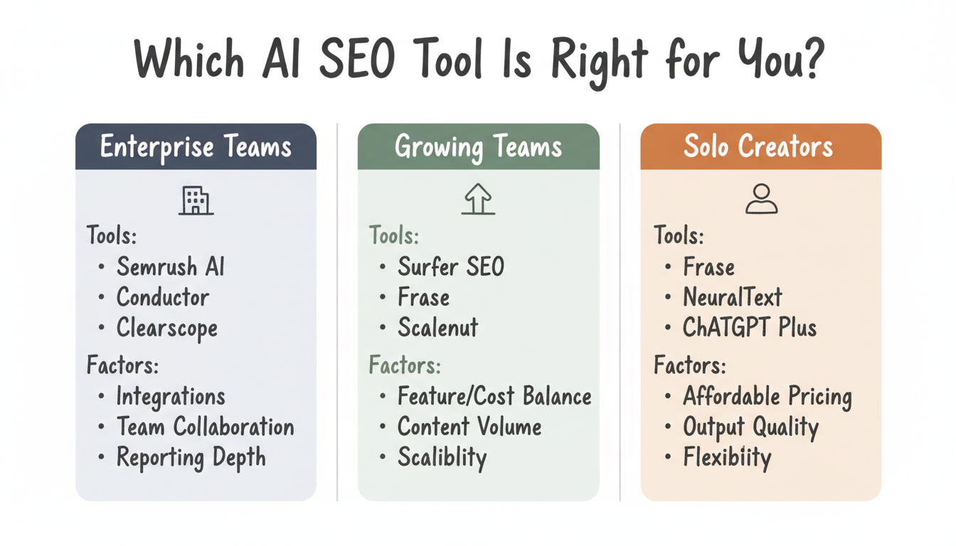 Decision framework for choosing the right AI SEO tool based on team size and priorities