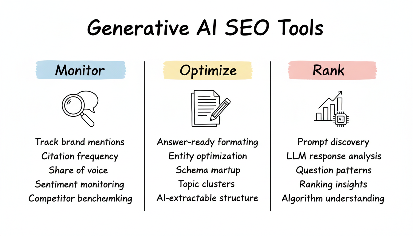 Three categories of Generative AI SEO tools: AI Visibility Monitoring, Content Optimization, and LLM Ranking Tools