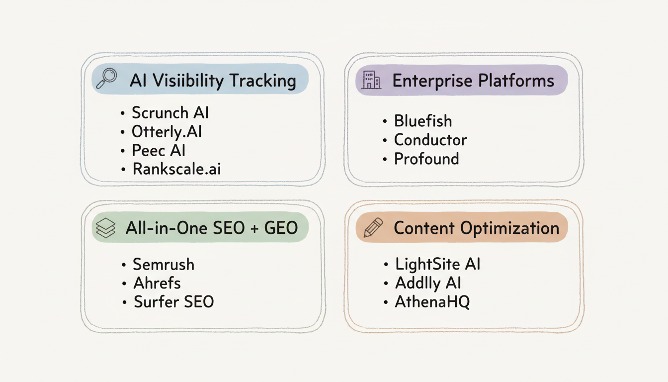 GEO tools landscape showing four categories: AI Visibility Tracking, Enterprise Platforms, All-in-One SEO plus GEO, and Content Optimization