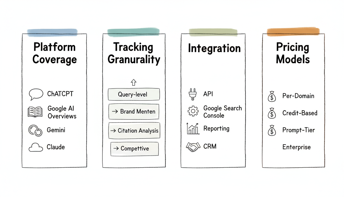 Four evaluation criteria pillars for GEO tools: Platform Coverage, Tracking Granularity, Integration Capabilities, and Pricing Models