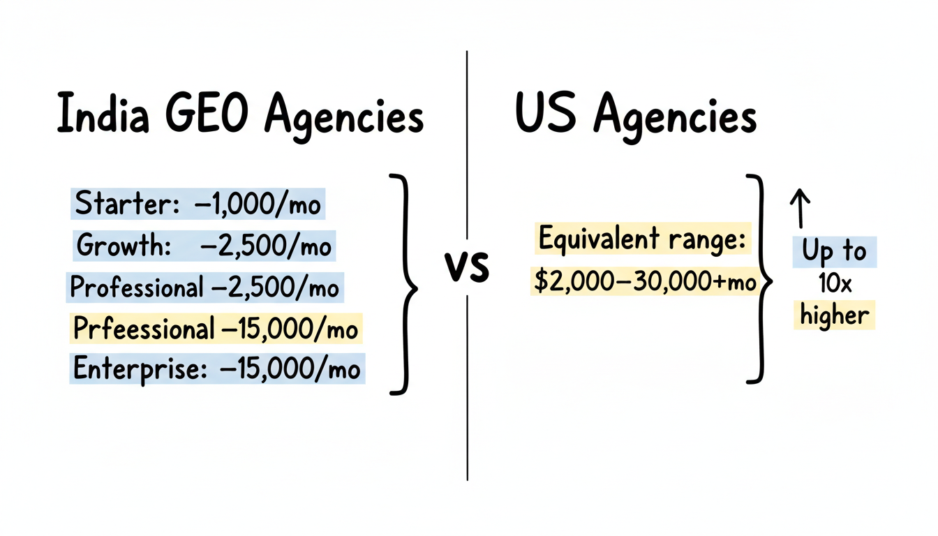 India vs US GEO agency pricing comparison: India ranges $500-$15,000/month vs US agencies at $2,000-$30,000+/month