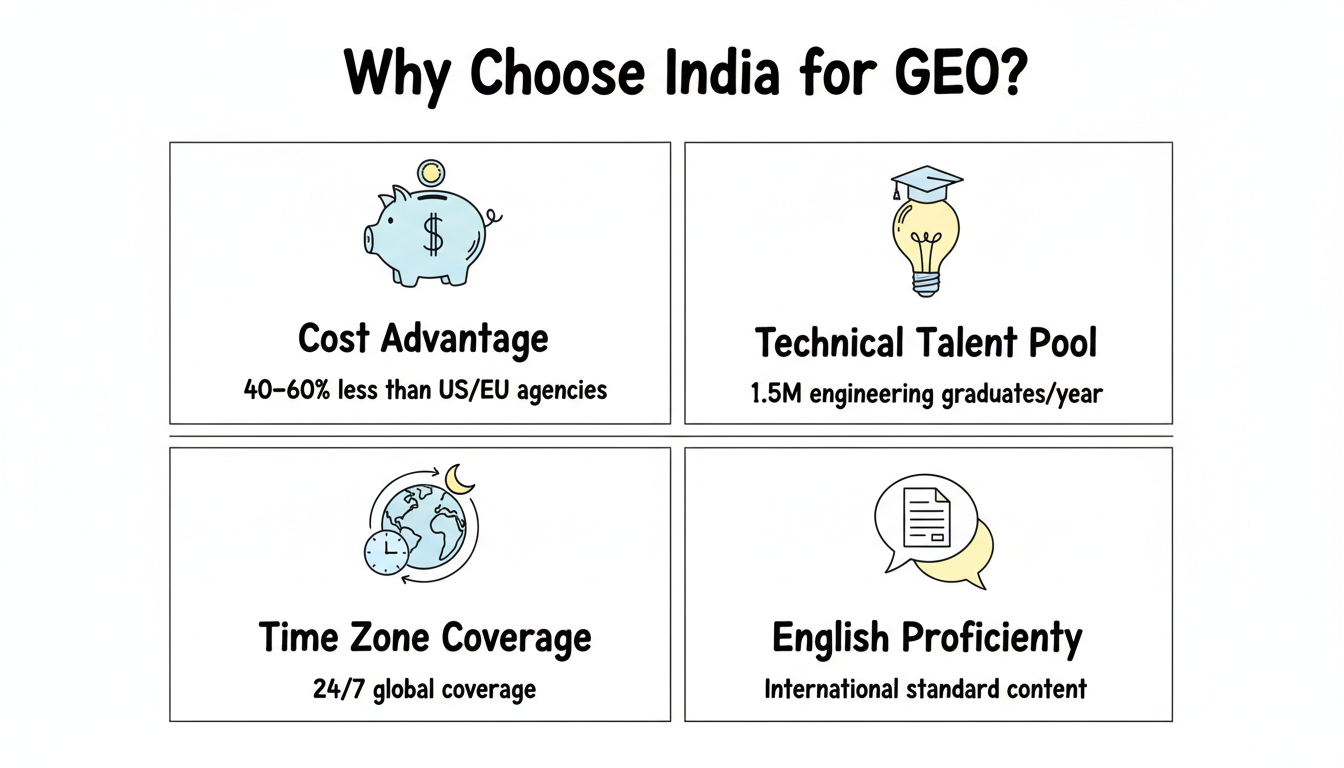 India GEO services value factors: 40-60% cost advantage, 1.5M engineering graduates/year, 24/7 time zone coverage, and international-standard English proficiency