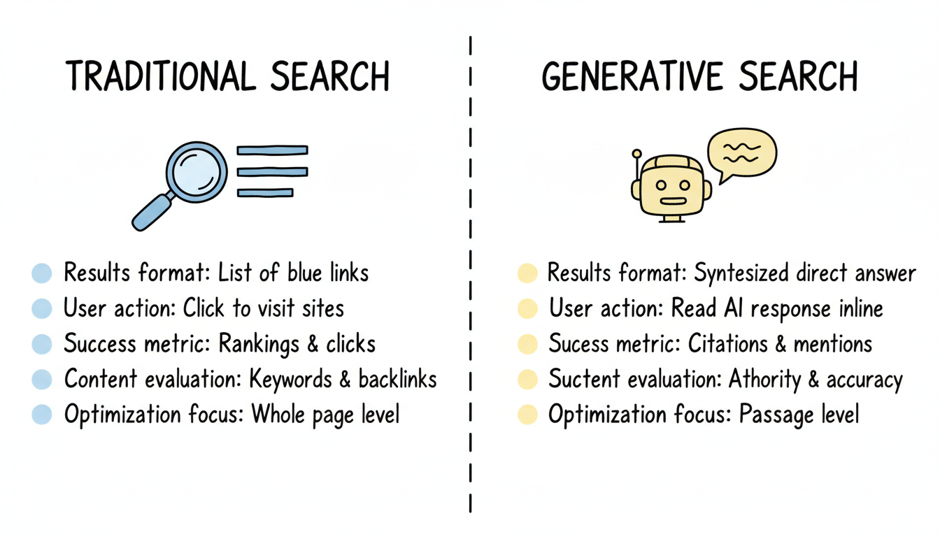 Traditional vs Generative Search comparison showing key differences in results format, user action, success metrics, and optimization focus
