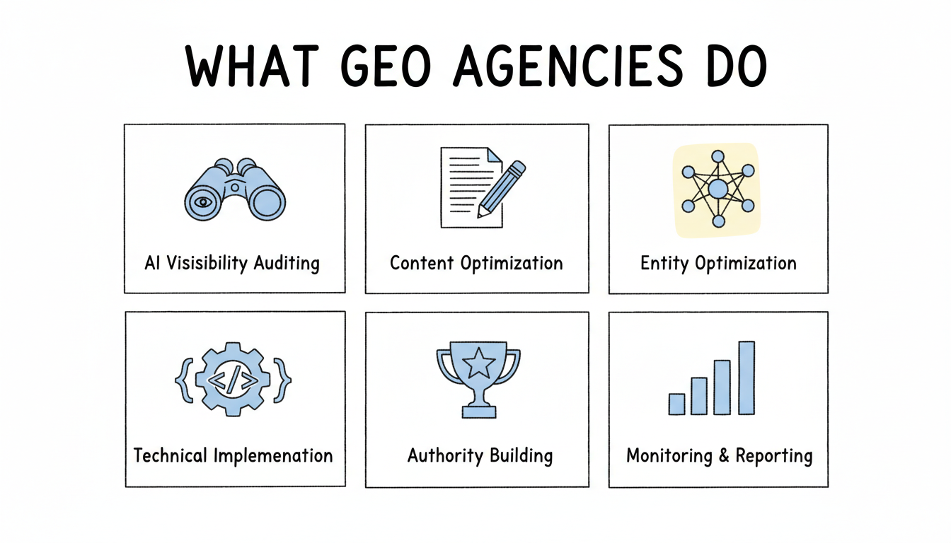 Six core GEO agency services: AI Visibility Auditing, Content Optimization, Entity Optimization, Technical Implementation, Authority Building, and Monitoring & Reporting