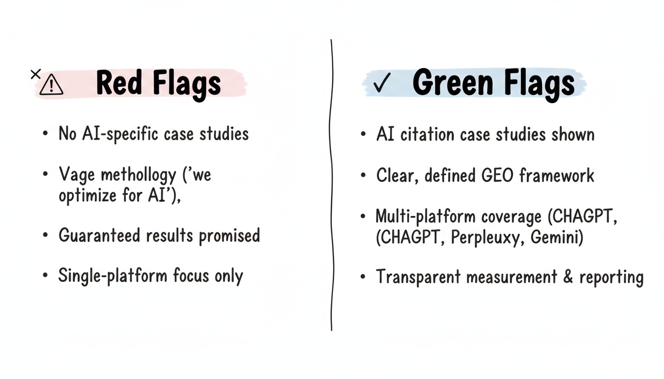 Red flags vs. green flags when evaluating GEO agencies: comparing warning signs like vague methodology and guaranteed results against positive indicators like AI case studies and multi-platform coverage